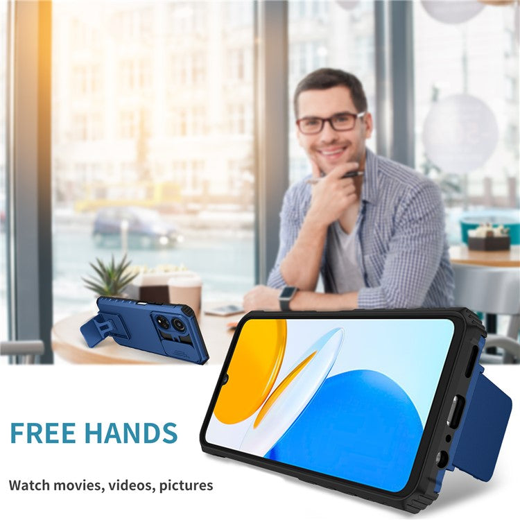 For Honor X7 Slide Camera Lid PC+TPU Cover Anti-drop Kickstand Phone Case - Blue