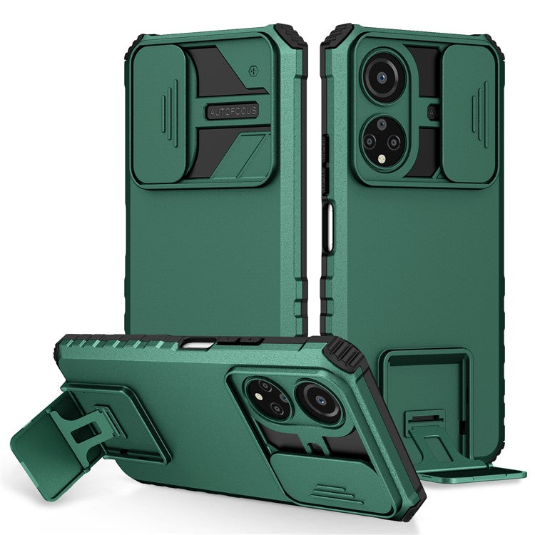 For Honor X7 Slide Camera Lid PC+TPU Cover Anti-drop Kickstand Phone Case - Blackish Green