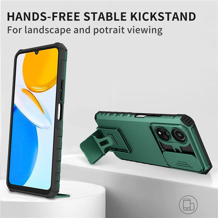 For Honor X7 Slide Camera Lid PC+TPU Cover Anti-drop Kickstand Phone Case - Blackish Green
