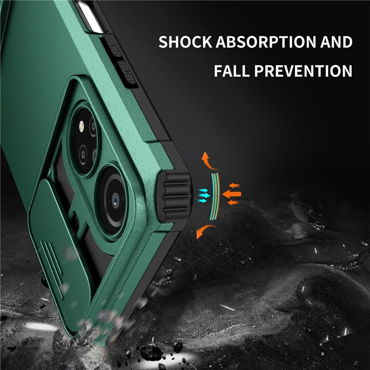 For Honor X7 Slide Camera Lid PC+TPU Cover Anti-drop Kickstand Phone Case - Blackish Green