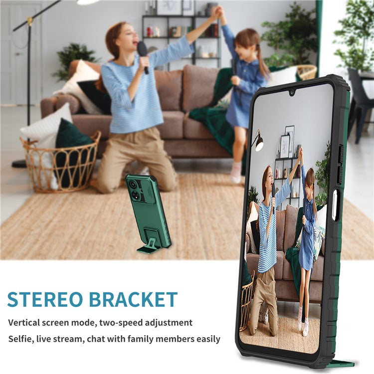 For Honor X7 Slide Camera Lid PC+TPU Cover Anti-drop Kickstand Phone Case - Blackish Green
