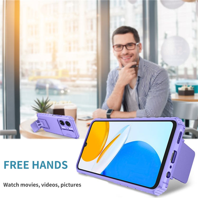 For Honor X7 Slide Camera Lid PC+TPU Cover Anti-drop Kickstand Phone Case - Purple