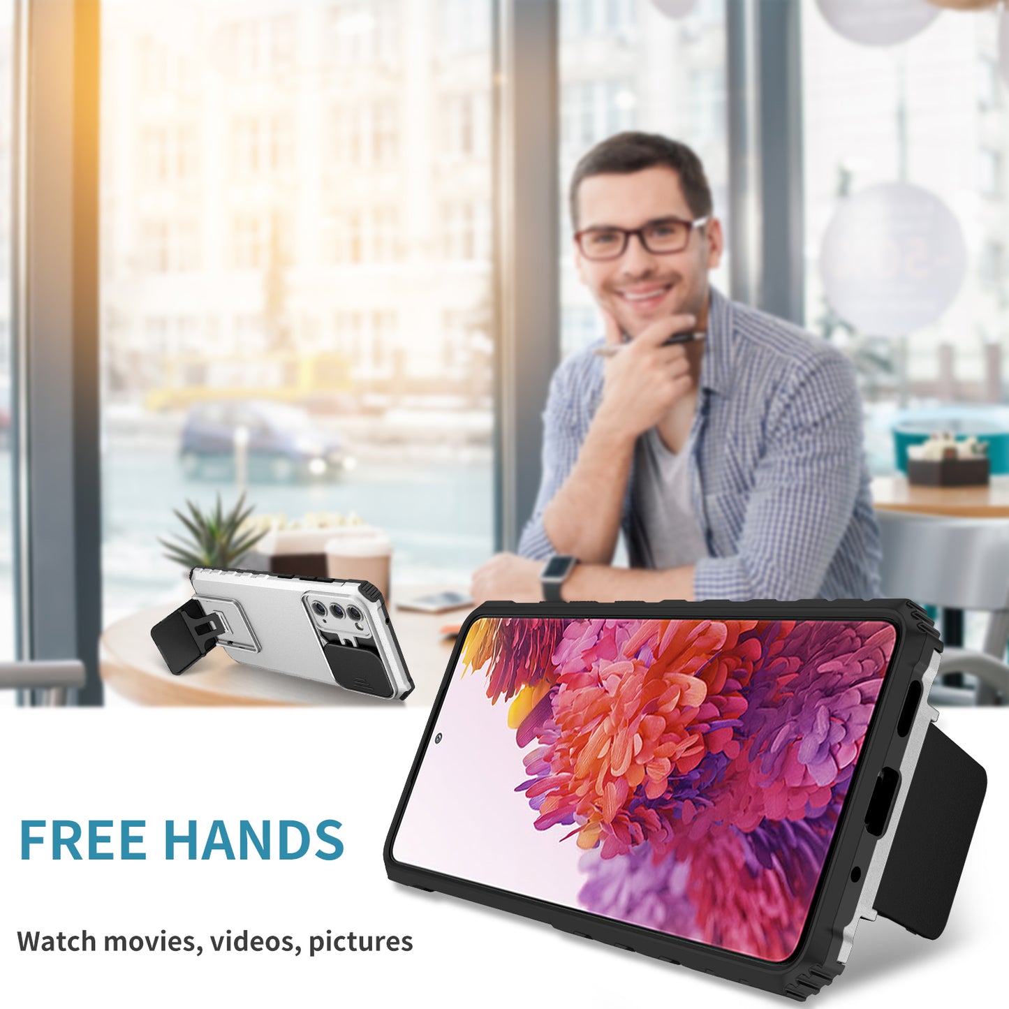 For Samsung Galaxy S20 FE 4G / FE 5G / Lite / FE 2022 Slide Camera Lid Back Cover Kickstand PC+TPU Phone Case - White