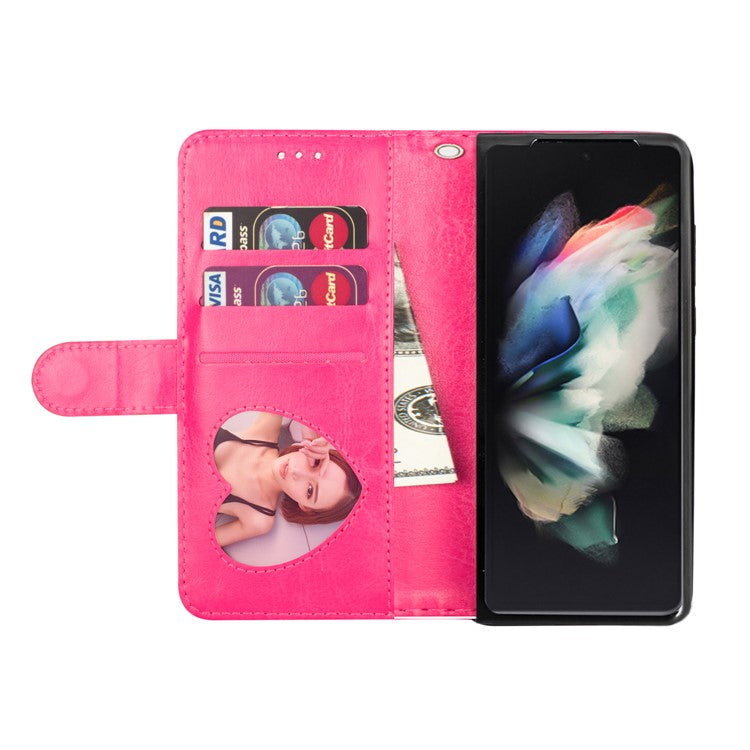 For Samsung Galaxy Z Fold5 5G PC+PU Leather Phone Stand Case Zippered Wallet Glittery Phone Cover - Rose