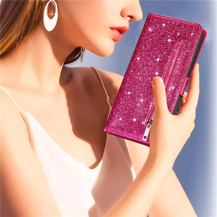 For Samsung Galaxy Z Fold5 5G PC+PU Leather Phone Stand Case Zippered Wallet Glittery Phone Cover - Rose
