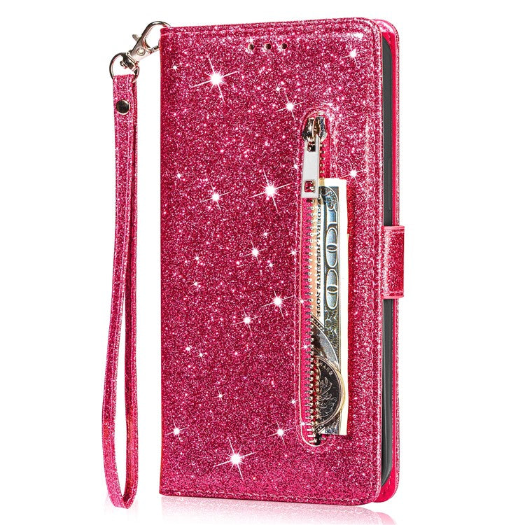 For Samsung Galaxy Z Fold5 5G PC+PU Leather Phone Stand Case Zippered Wallet Glittery Phone Cover - Rose