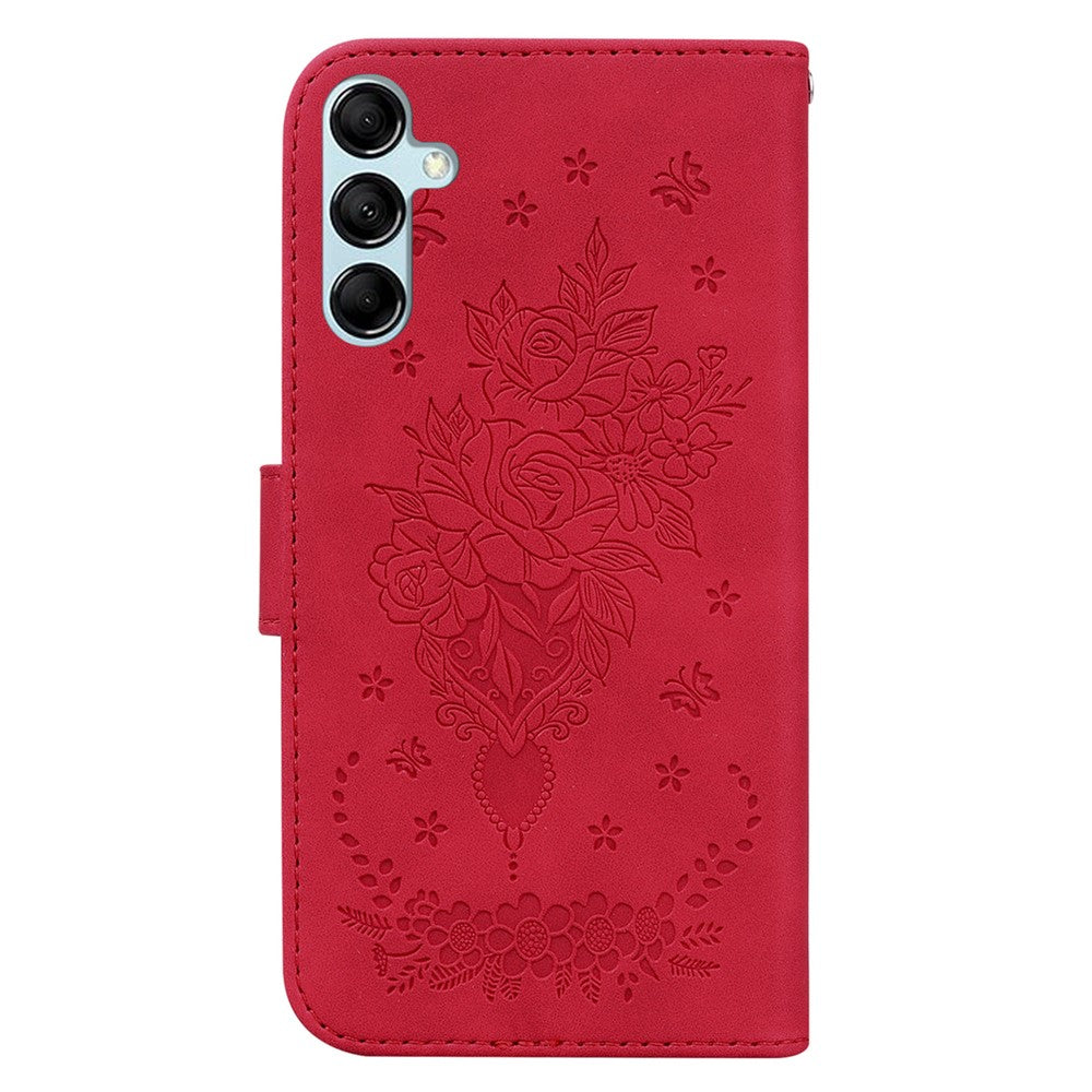 For Samsung Galaxy M54 5G / F54 5G Leather Wallet Stand Phone Case Imprinted Rose Butterfly Shell - Red
