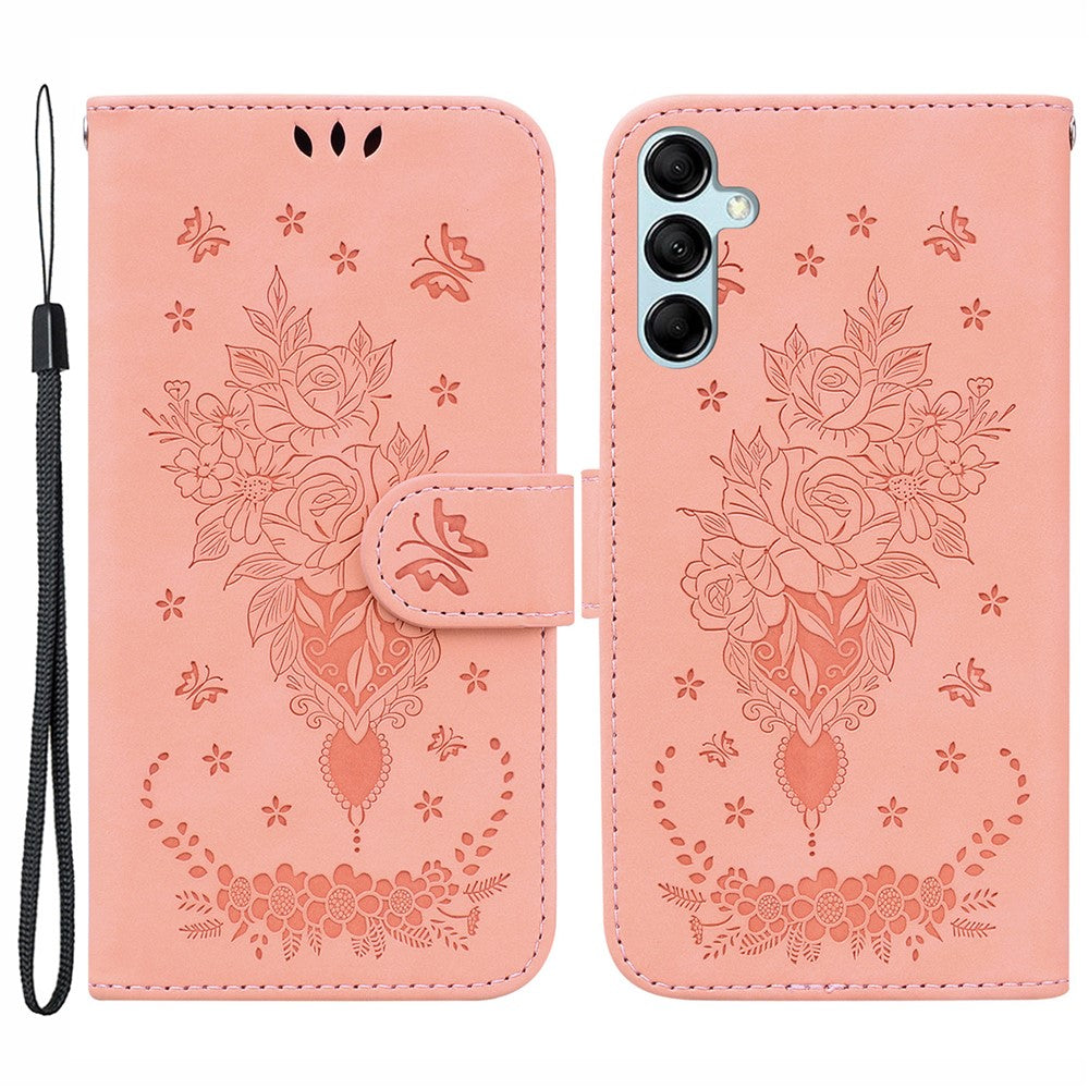 For Samsung Galaxy M54 5G / F54 5G Leather Wallet Stand Phone Case Imprinted Rose Butterfly Shell - Pink
