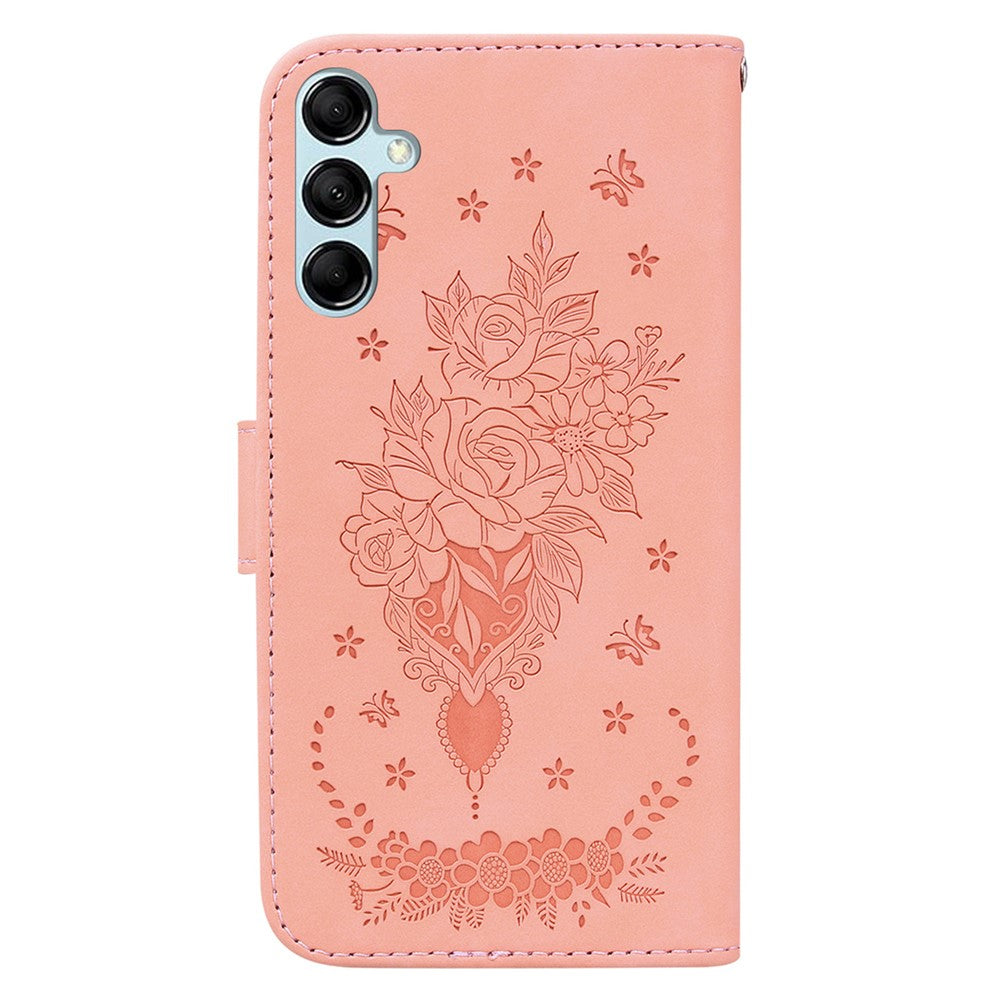 For Samsung Galaxy M54 5G / F54 5G Leather Wallet Stand Phone Case Imprinted Rose Butterfly Shell - Pink