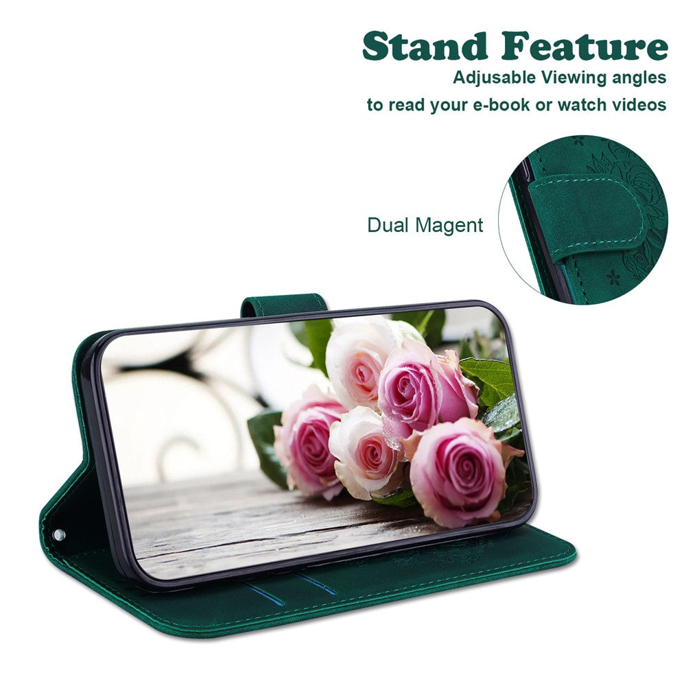 For Samsung Galaxy M54 5G / F54 5G Leather Wallet Stand Phone Case Imprinted Rose Butterfly Shell - Green