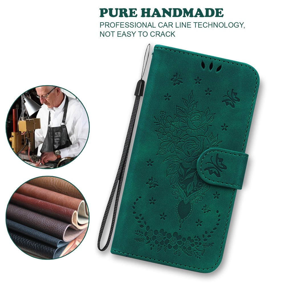 For Samsung Galaxy M54 5G / F54 5G Leather Wallet Stand Phone Case Imprinted Rose Butterfly Shell - Green