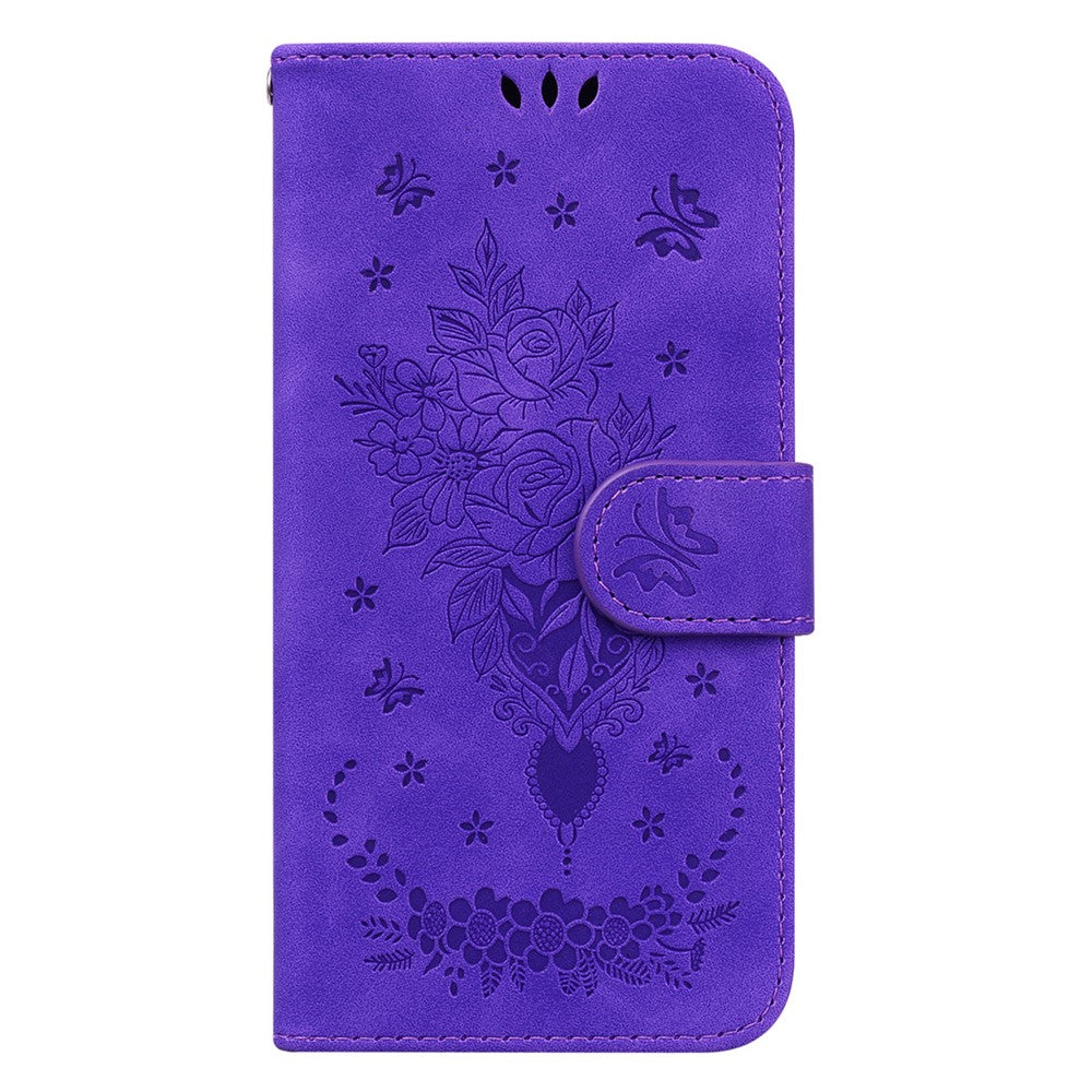 For Samsung Galaxy M54 5G / F54 5G Leather Wallet Stand Phone Case Imprinted Rose Butterfly Shell - Purple