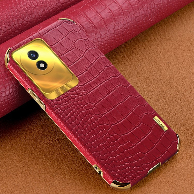For vivo Y02 4G Crocodile Texture Electroplating Cover Leather Coated TPU Phone Case - Red