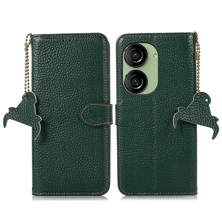 For Asus Zenfone 10 5G / 9 5G Genuine Cow Leather Cover RFID Blocking Wallet Stand Phone Case - Green