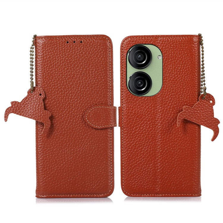 For Asus Zenfone 10 5G / 9 5G Genuine Cow Leather Cover RFID Blocking Wallet Stand Phone Case - Brown