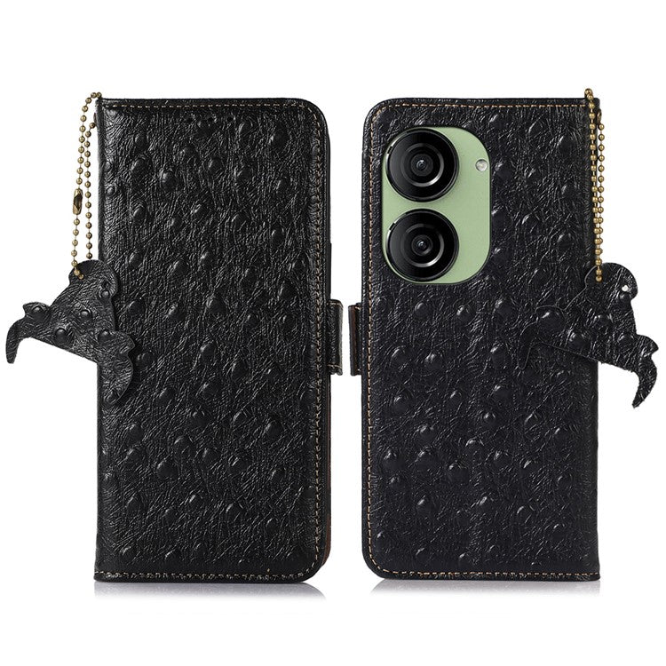 For Asus Zenfone 10 5G / 9 5G Genuine Cowhide Leather Phone Cover RFID Blocking Wallet Stand Case - Black