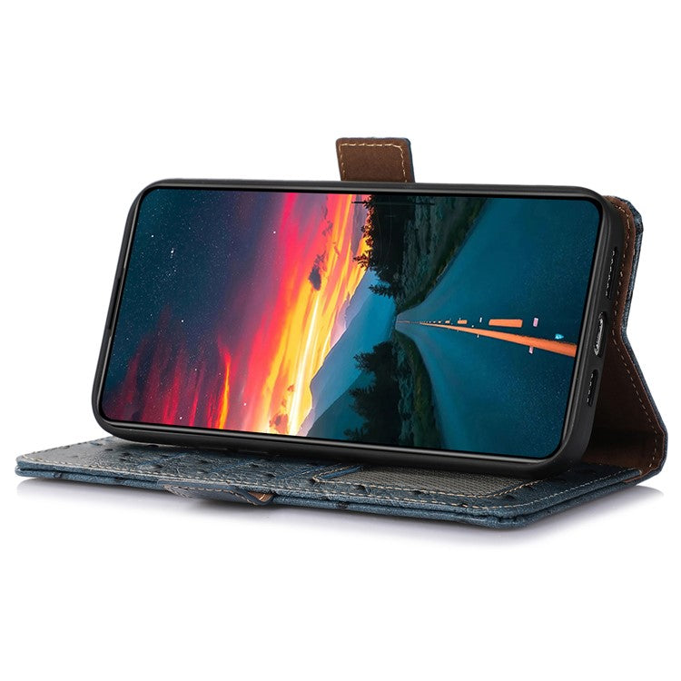 For Asus Zenfone 10 5G / 9 5G Ostrich Texture Genuine Cowhide Leather Phone Cover RFID Blocking Wallet Stand Case - Blue