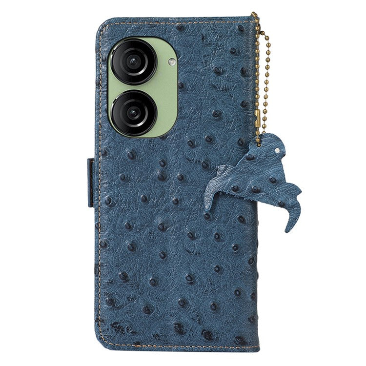 For Asus Zenfone 10 5G / 9 5G Ostrich Texture Genuine Cowhide Leather Phone Cover RFID Blocking Wallet Stand Case - Blue