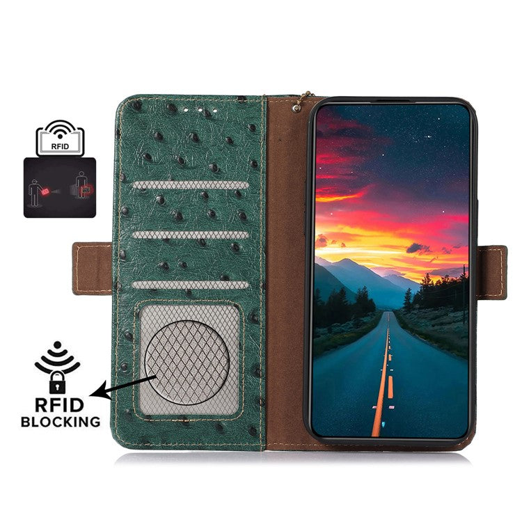 For Asus Zenfone 10 5G / 9 5G Ostrich Texture Genuine Cowhide Leather Phone Cover RFID Blocking Wallet Stand Case - Green