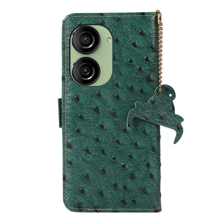 For Asus Zenfone 10 5G / 9 5G Ostrich Texture Genuine Cowhide Leather Phone Cover RFID Blocking Wallet Stand Case - Green