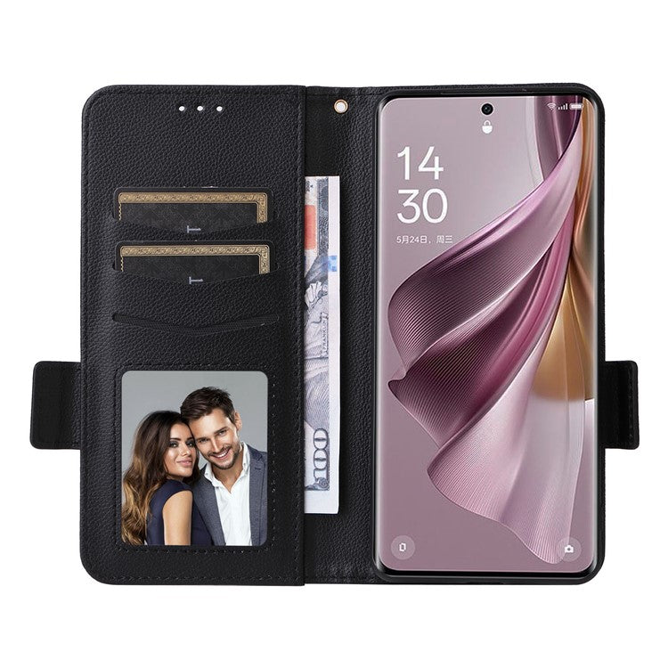 Shockproof Wallet Phone Case for Oppo Reno10 5G CPH2531 (Global) / Reno10 Pro 5G CPH2525 (Global) Litchi Texture PU Leather Flip Stand Cover with Strap - Black