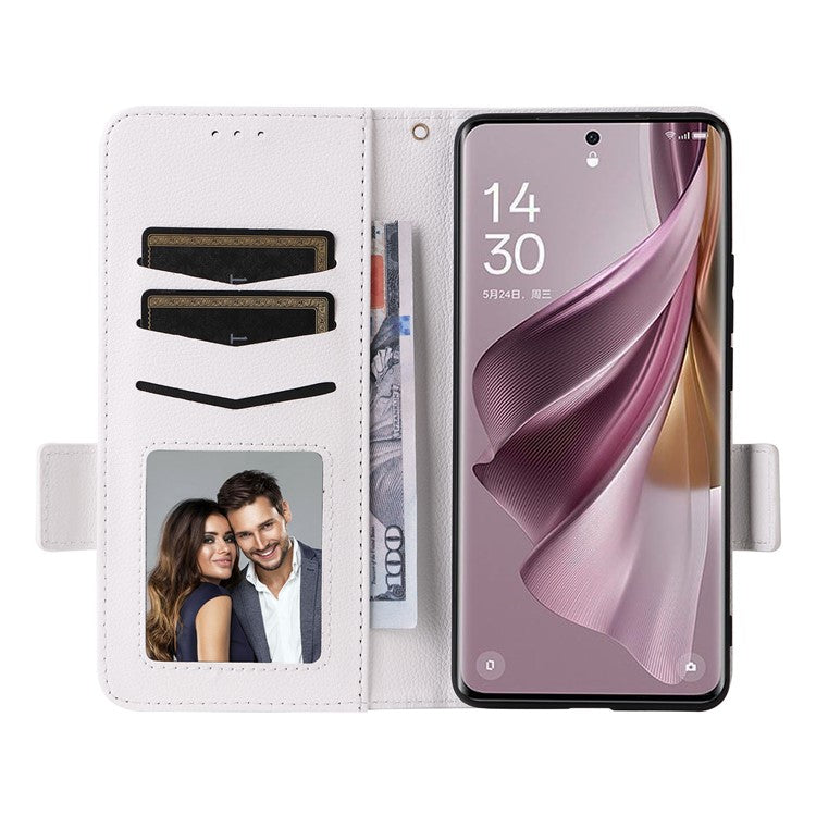 Shockproof Wallet Phone Case for Oppo Reno10 5G CPH2531 (Global) / Reno10 Pro 5G CPH2525 (Global) Litchi Texture PU Leather Flip Stand Cover with Strap - White