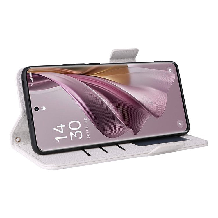 Shockproof Wallet Phone Case for Oppo Reno10 5G CPH2531 (Global) / Reno10 Pro 5G CPH2525 (Global) Litchi Texture PU Leather Flip Stand Cover with Strap - White