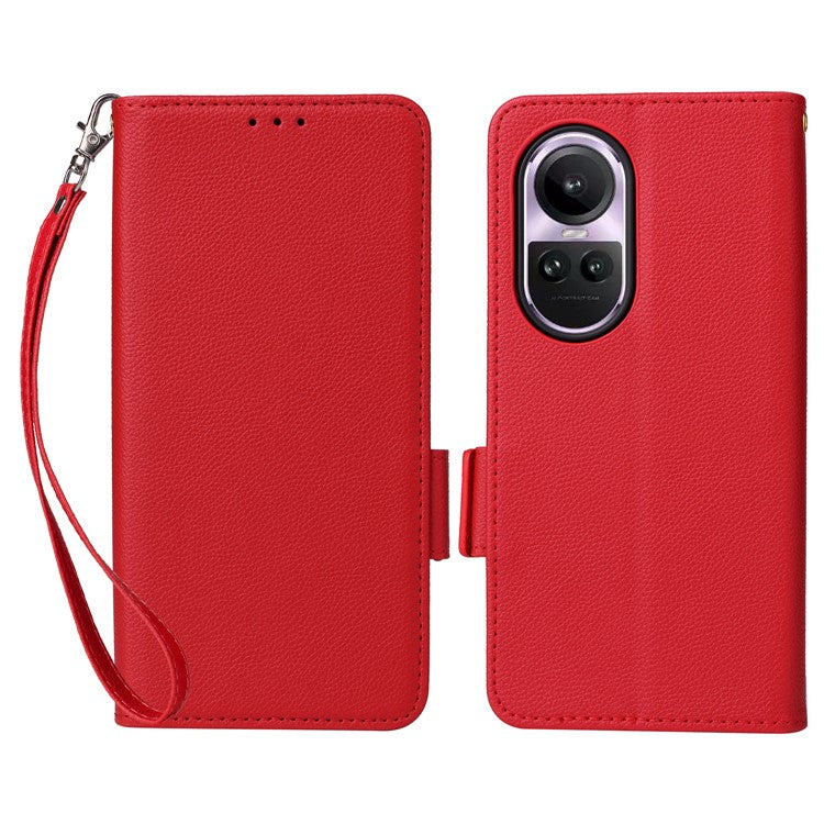 Shockproof Wallet Phone Case for Oppo Reno10 5G CPH2531 (Global) / Reno10 Pro 5G CPH2525 (Global) Litchi Texture PU Leather Flip Stand Cover with Strap - Red