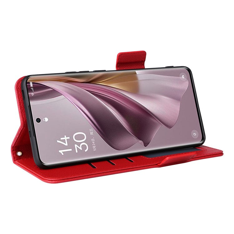 Shockproof Wallet Phone Case for Oppo Reno10 5G CPH2531 (Global) / Reno10 Pro 5G CPH2525 (Global) Litchi Texture PU Leather Flip Stand Cover with Strap - Red