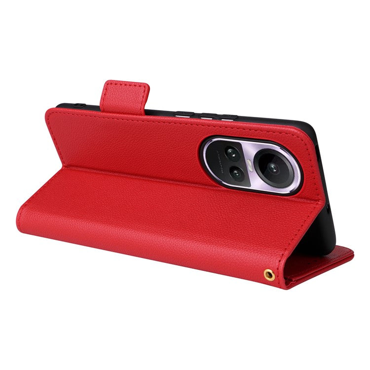Shockproof Wallet Phone Case for Oppo Reno10 5G CPH2531 (Global) / Reno10 Pro 5G CPH2525 (Global) Litchi Texture PU Leather Flip Stand Cover with Strap - Red