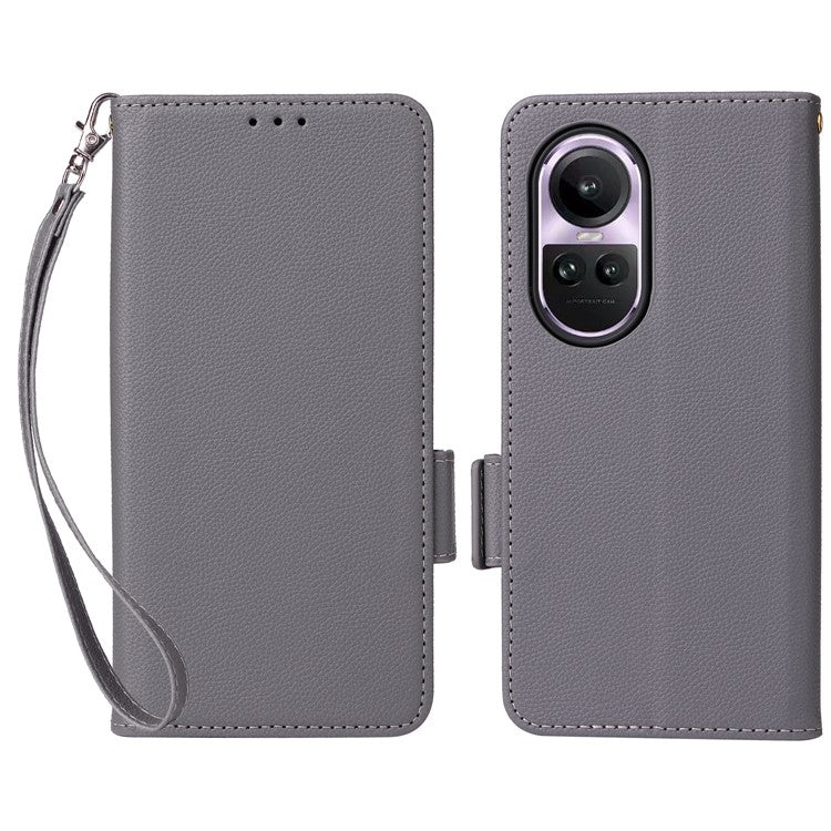 Shockproof Wallet Phone Case for Oppo Reno10 5G CPH2531 (Global) / Reno10 Pro 5G CPH2525 (Global) Litchi Texture PU Leather Flip Stand Cover with Strap - Grey