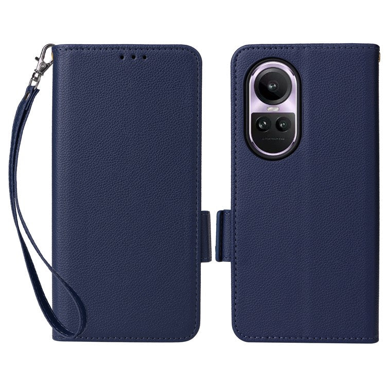 Shockproof Wallet Phone Case for Oppo Reno10 5G CPH2531 (Global) / Reno10 Pro 5G CPH2525 (Global) Litchi Texture PU Leather Flip Stand Cover with Strap - Dark Blue