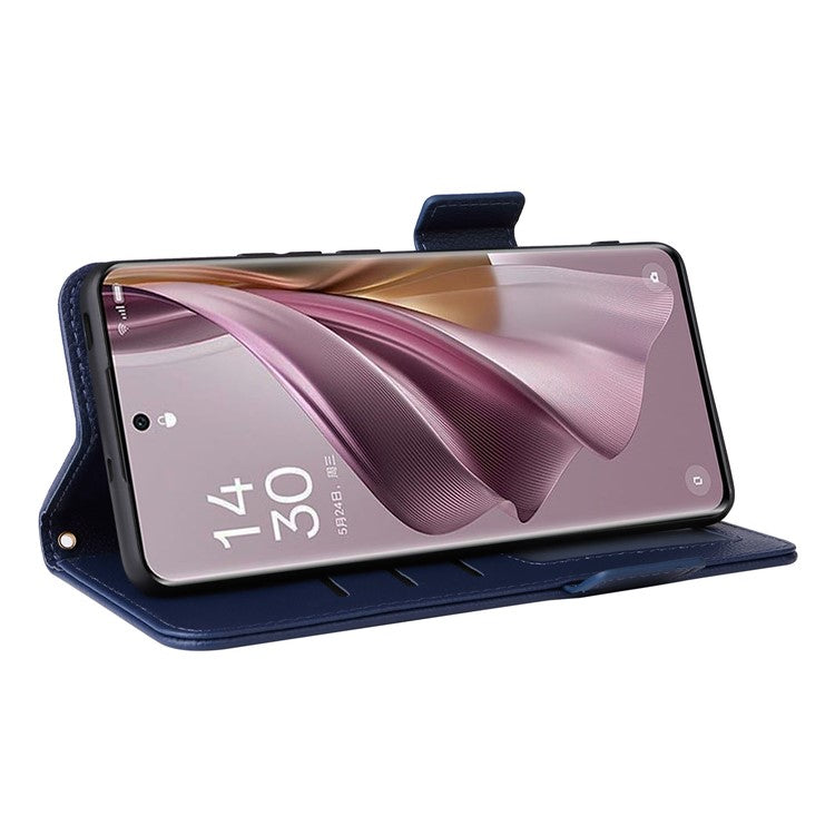 Shockproof Wallet Phone Case for Oppo Reno10 5G CPH2531 (Global) / Reno10 Pro 5G CPH2525 (Global) Litchi Texture PU Leather Flip Stand Cover with Strap - Dark Blue
