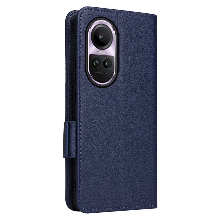 Shockproof Wallet Phone Case for Oppo Reno10 5G CPH2531 (Global) / Reno10 Pro 5G CPH2525 (Global) Litchi Texture PU Leather Flip Stand Cover with Strap - Dark Blue