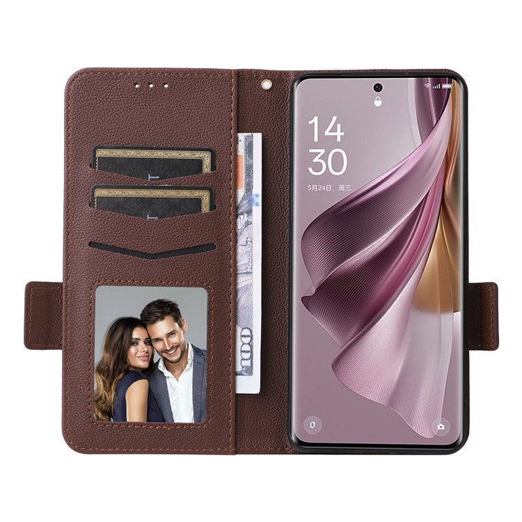 Shockproof Wallet Phone Case for Oppo Reno10 5G CPH2531 (Global) / Reno10 Pro 5G CPH2525 (Global) Litchi Texture PU Leather Flip Stand Cover with Strap - Brown