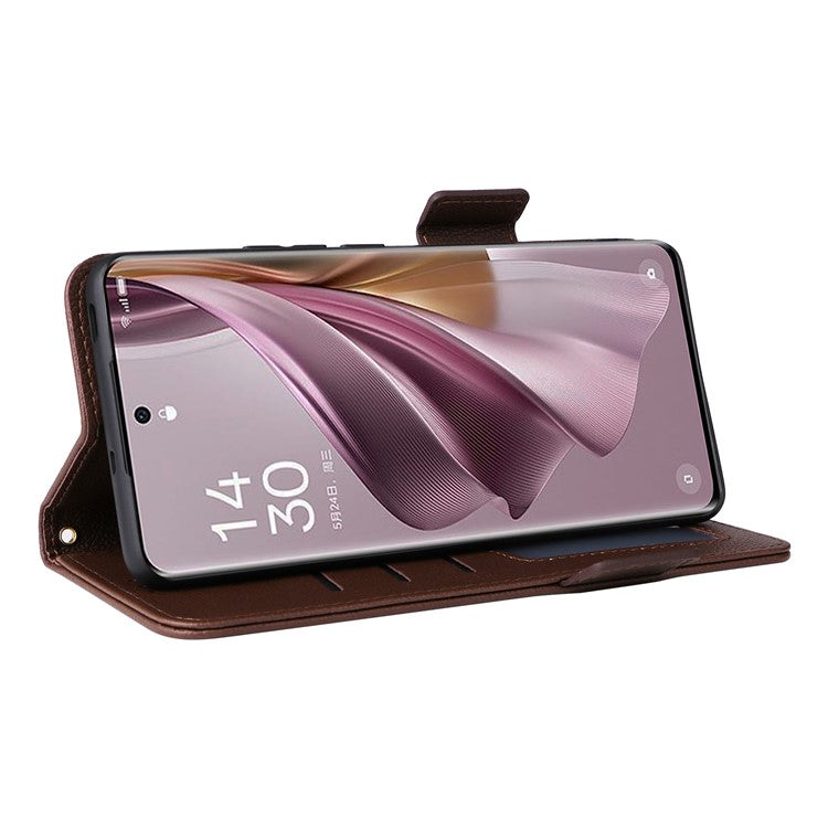 Shockproof Wallet Phone Case for Oppo Reno10 5G CPH2531 (Global) / Reno10 Pro 5G CPH2525 (Global) Litchi Texture PU Leather Flip Stand Cover with Strap - Brown