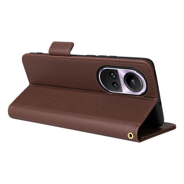 Shockproof Wallet Phone Case for Oppo Reno10 5G CPH2531 (Global) / Reno10 Pro 5G CPH2525 (Global) Litchi Texture PU Leather Flip Stand Cover with Strap - Brown