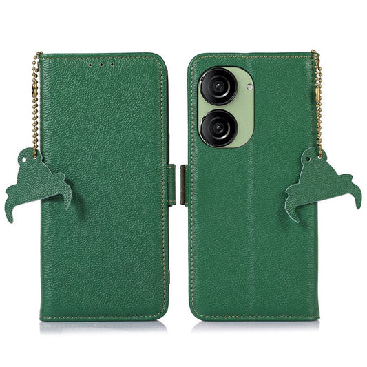 For Asus Zenfone 10 5G RFID Blocking Genuine Cow Leather Phone Case Litchi Texture Stand Wallet Cover - Green