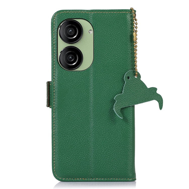 For Asus Zenfone 10 5G RFID Blocking Genuine Cow Leather Phone Case Litchi Texture Stand Wallet Cover - Green