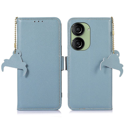 For Asus Zenfone 10 5G RFID Blocking Genuine Cow Leather Phone Case Litchi Texture Stand Wallet Cover - Blue
