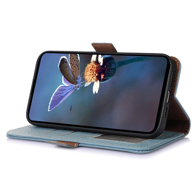 For Asus Zenfone 10 5G RFID Blocking Genuine Cow Leather Phone Case Litchi Texture Stand Wallet Cover - Blue