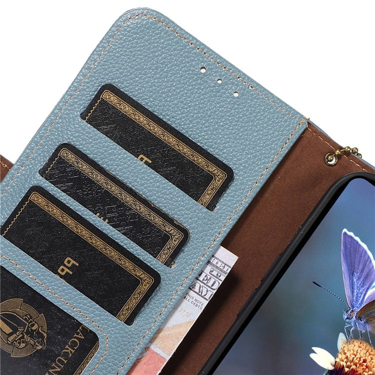 For Asus Zenfone 10 5G RFID Blocking Genuine Cow Leather Phone Case Litchi Texture Stand Wallet Cover - Blue