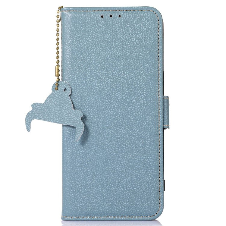 For Asus Zenfone 10 5G RFID Blocking Genuine Cow Leather Phone Case Litchi Texture Stand Wallet Cover - Blue