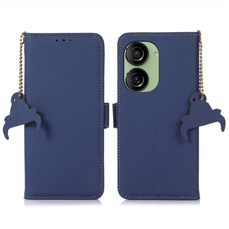 For Asus Zenfone 10 5G RFID Blocking Genuine Cow Leather Phone Case Litchi Texture Stand Wallet Cover - Sapphire