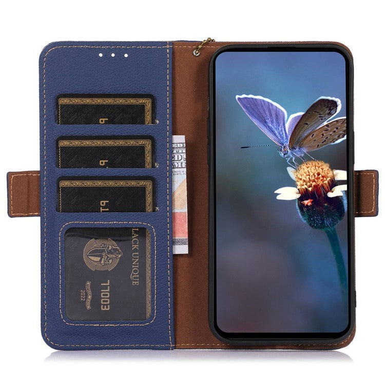 For Asus Zenfone 10 5G RFID Blocking Genuine Cow Leather Phone Case Litchi Texture Stand Wallet Cover - Sapphire