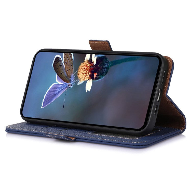 For Asus Zenfone 10 5G RFID Blocking Genuine Cow Leather Phone Case Litchi Texture Stand Wallet Cover - Sapphire