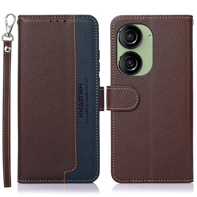 KHAZNEH For Asus Zenfone 10 5G PU Leather Case Litchi Texture Wallet RFID Blocking Stand Phone Cover - Brown