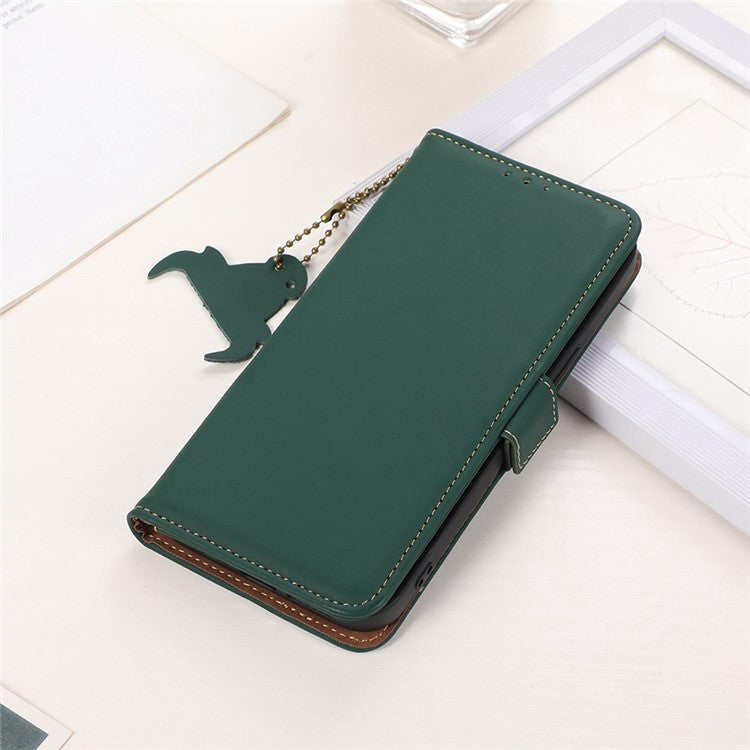 For Asus Zenfone 10 5G Silky Feeling Genuine Cow Leather Phone Cover RFID Blocking Wallet Stand Case - Green