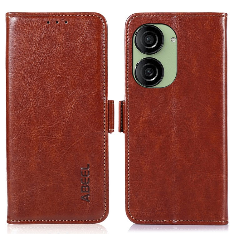 ABEEL For Asus Zenfone 10 5G Crazy Horse Texture Phone Case PU Leather Wallet Stand Cover - Brown