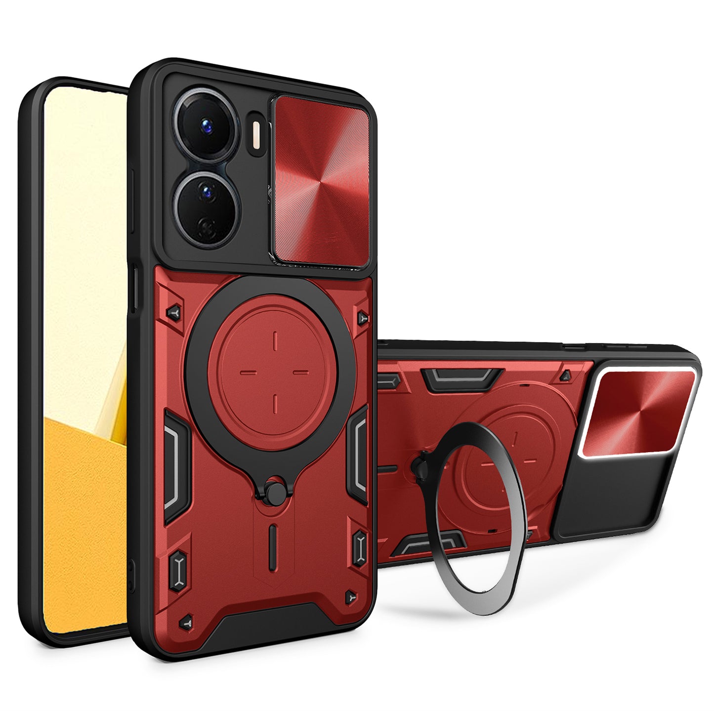 For vivo Y16 4G Slide Camera Protection Phone Cover Hybrid PC+TPU Kickstand Phone Case - Red